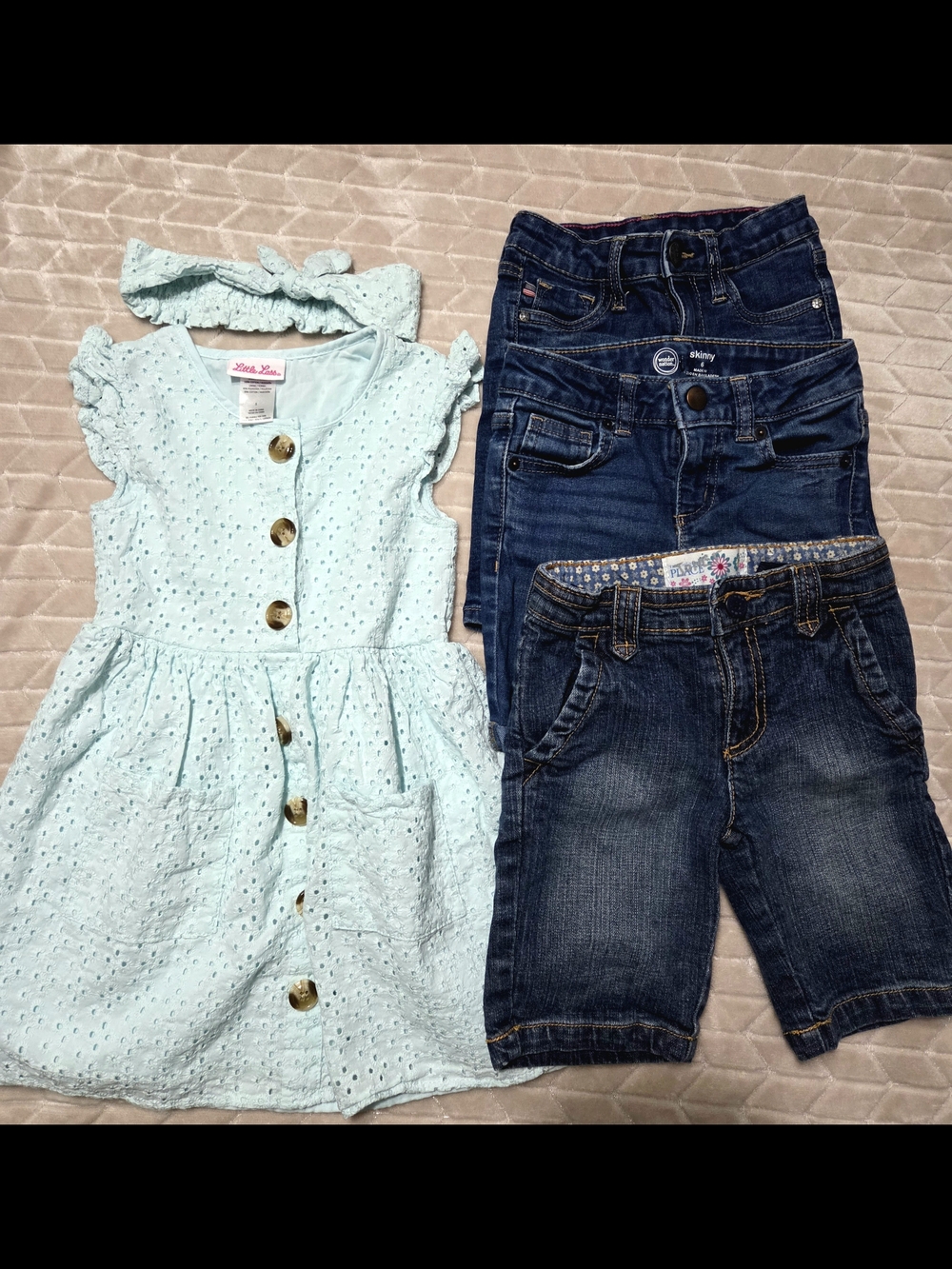Light Aqua Eyelet Dress with Matching Headband & 3 Pair Of Jean Shorts